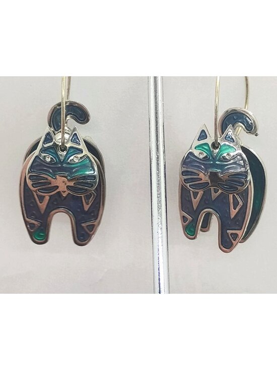 Edgar Berebi Jewelry - Vintage Edgar Berebi Articulated Cat Hoop Earrings Blue Purple Enamel Dangle